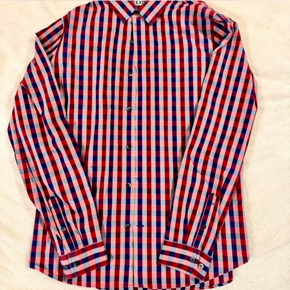 Express Red and Purple Plaid Men's Shirt - size large (extra slim fit)